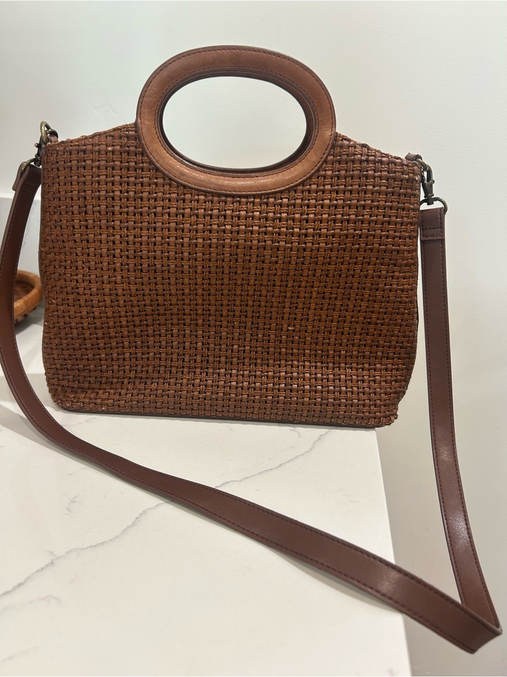 Fossil Brown Woven Leather Crossbody Tote